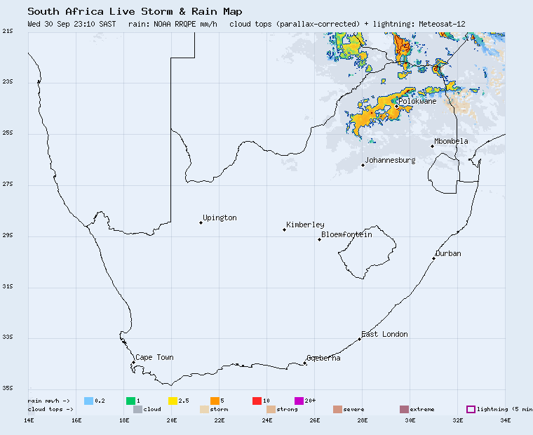 Live South Africa storm and rain map, last 2 hours