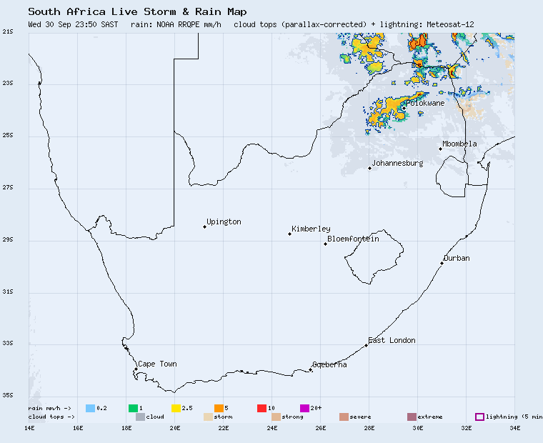 Live South Africa storm and rain map, last 2 hours