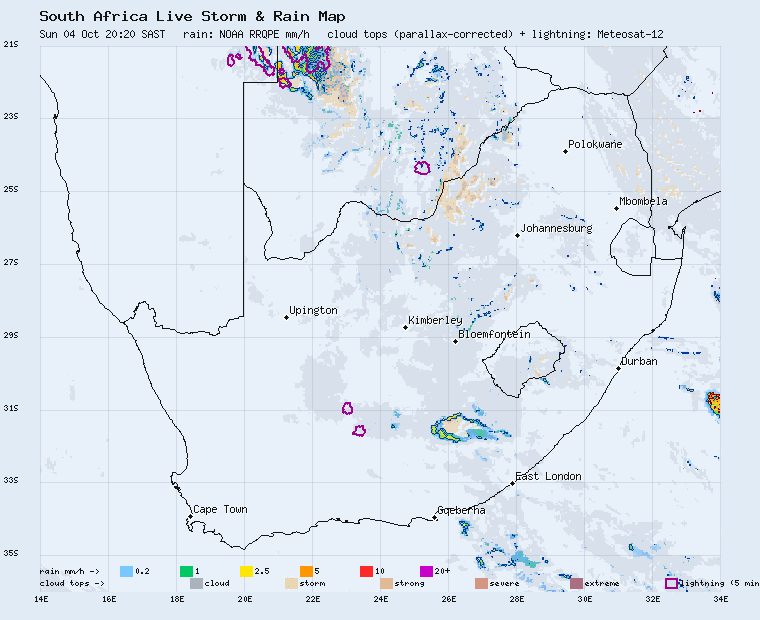 Live South Africa storm and rain map, last 2 hours