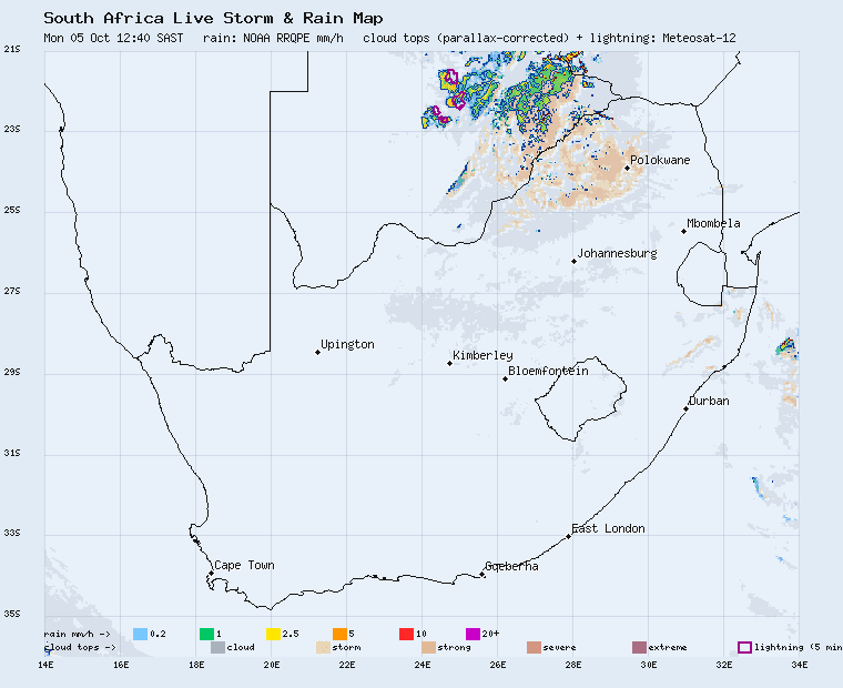 Live South Africa storm and rain map, last 2 hours