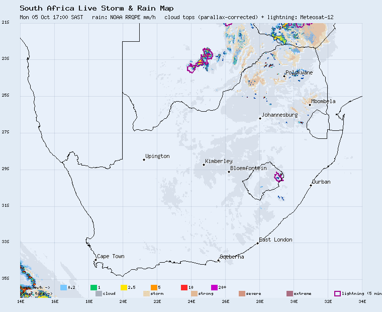 Live South Africa storm and rain map, last 2 hours