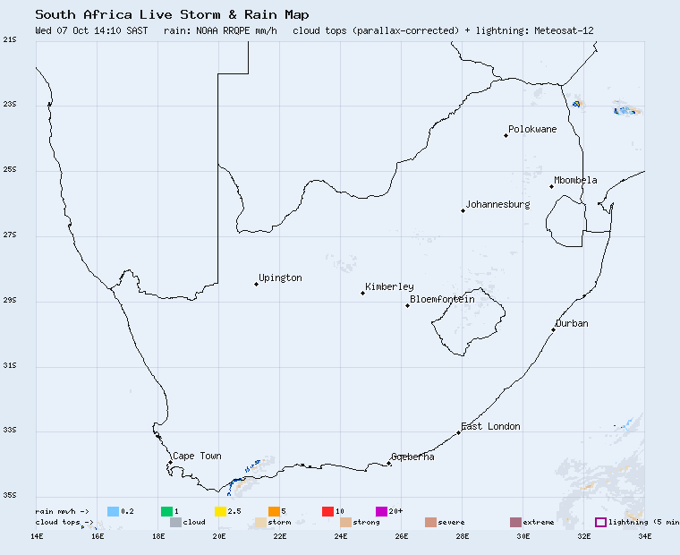 Live South Africa storm and rain map, last 2 hours