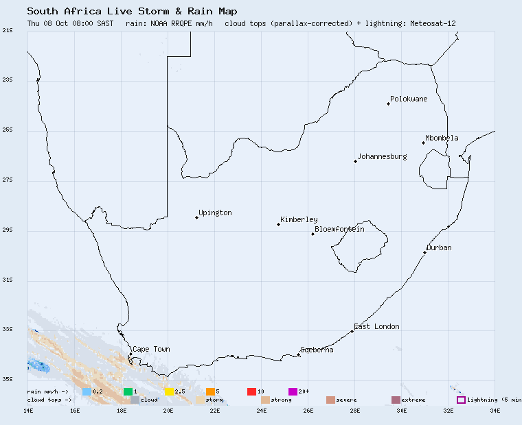 Live South Africa storm and rain map, last 2 hours