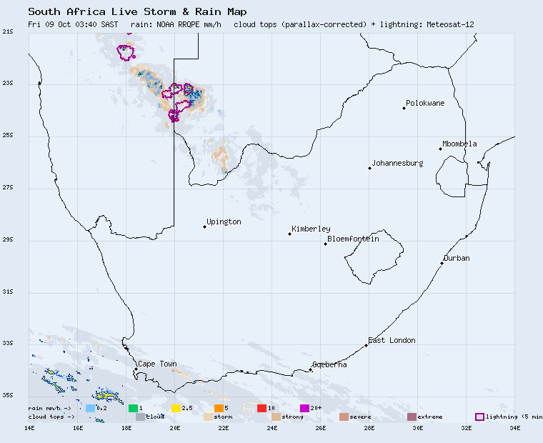 Live South Africa storm and rain map, last 2 hours