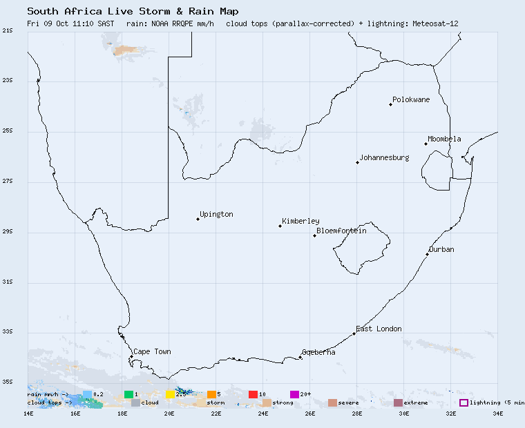 Live South Africa storm and rain map, last 2 hours