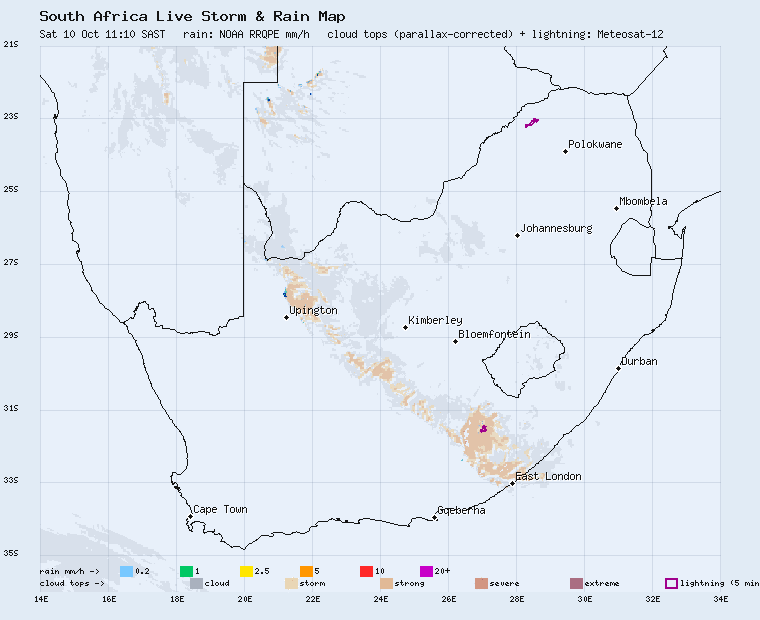 Live South Africa storm and rain map, last 2 hours