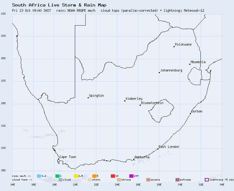 Live South Africa storm and rain map, last 2 hours