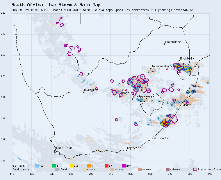 Live South Africa storm and rain map, last 2 hours
