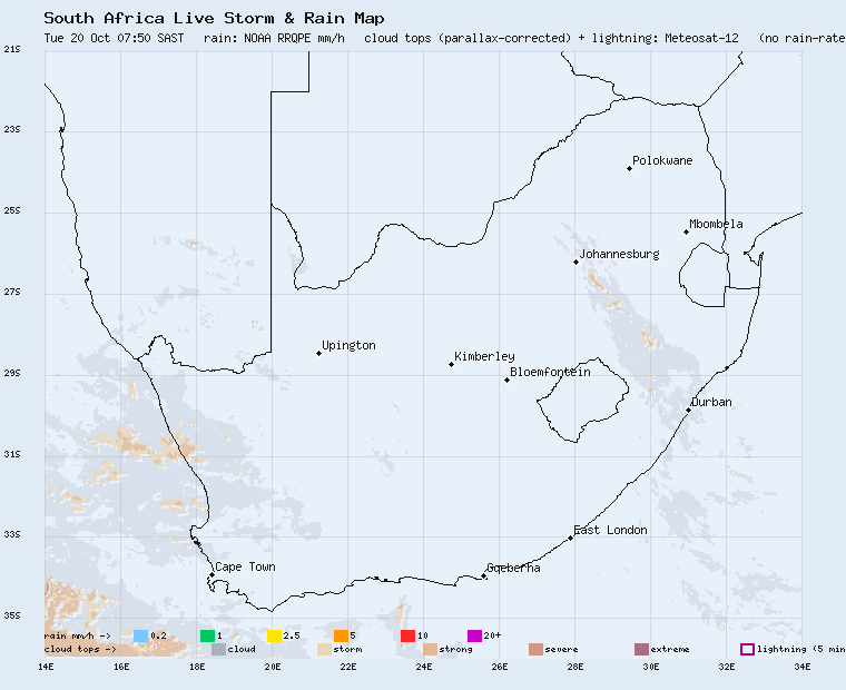 Live South Africa storm and rain map, last 2 hours
