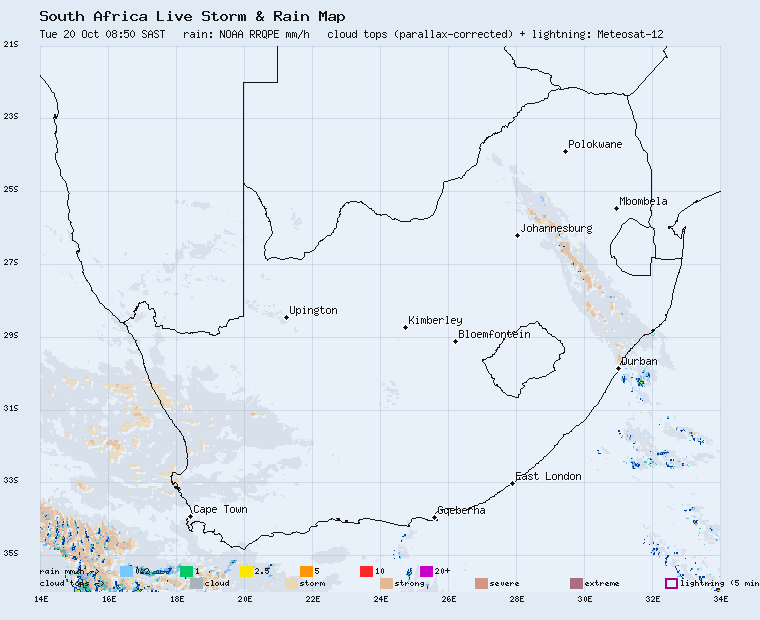 Live South Africa storm and rain map, last 2 hours