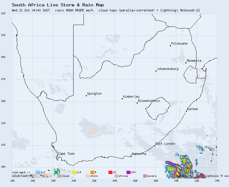 Live South Africa storm and rain map, last 2 hours