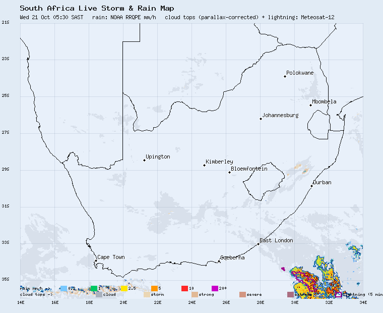 Live South Africa storm and rain map, last 2 hours