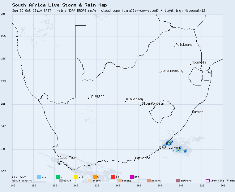 Live South Africa storm and rain map, last 2 hours