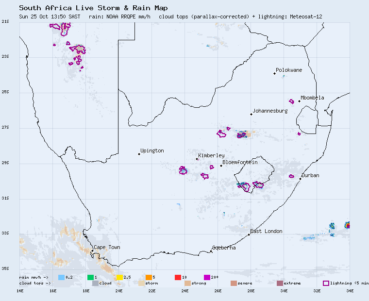 Live South Africa storm and rain map, last 2 hours