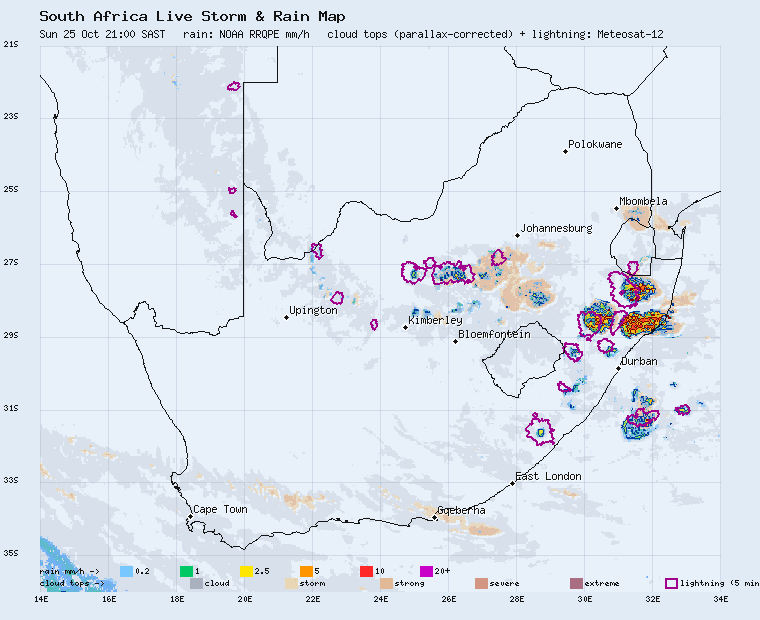 Live South Africa storm and rain map, last 2 hours