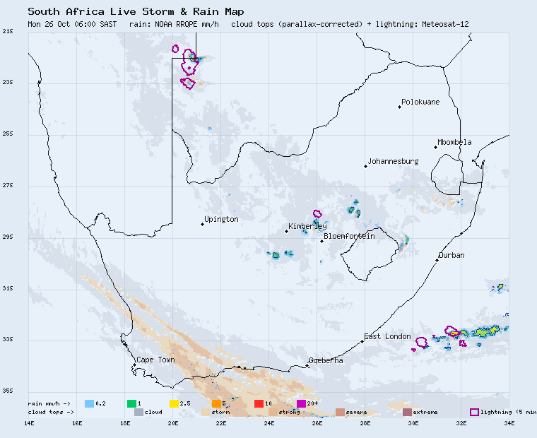 Live South Africa storm and rain map, last 2 hours