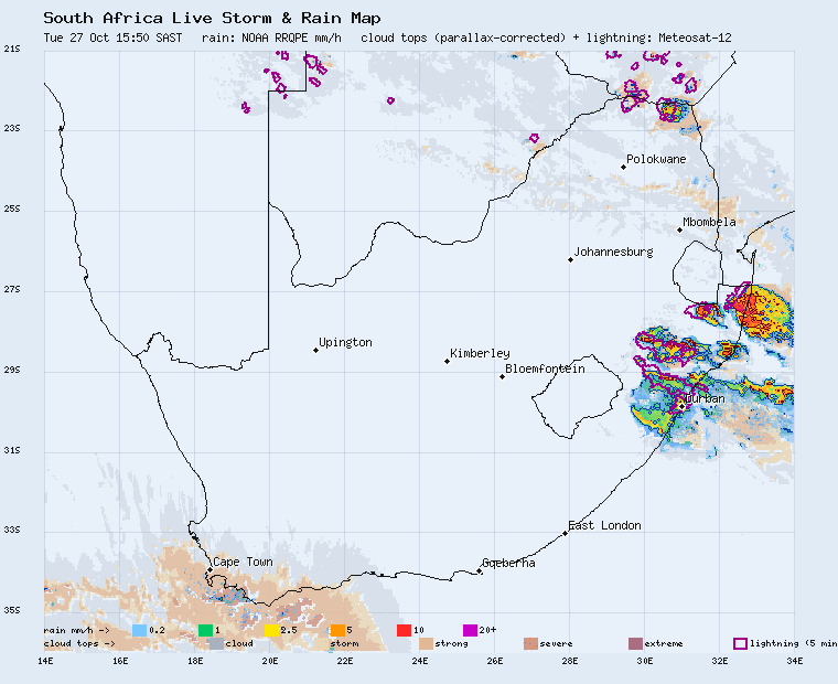 Live South Africa storm and rain map, last 2 hours