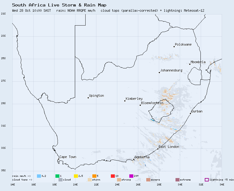 Live South Africa storm and rain map, last 2 hours