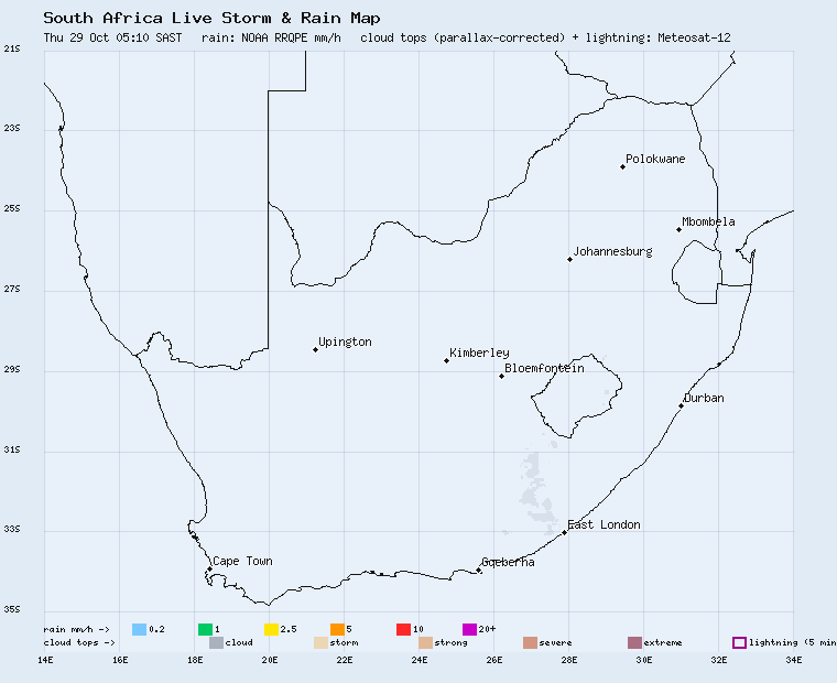 Live South Africa storm and rain map, last 2 hours