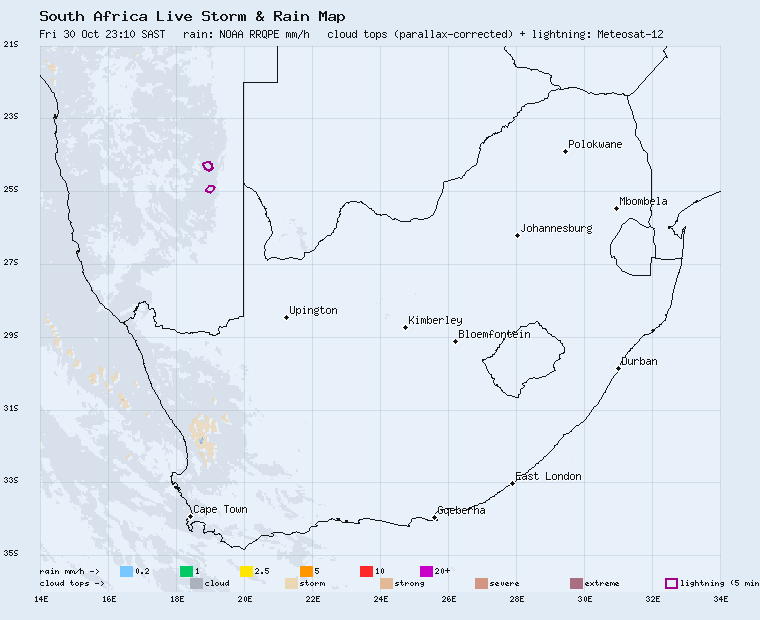 Live South Africa storm and rain map, last 2 hours