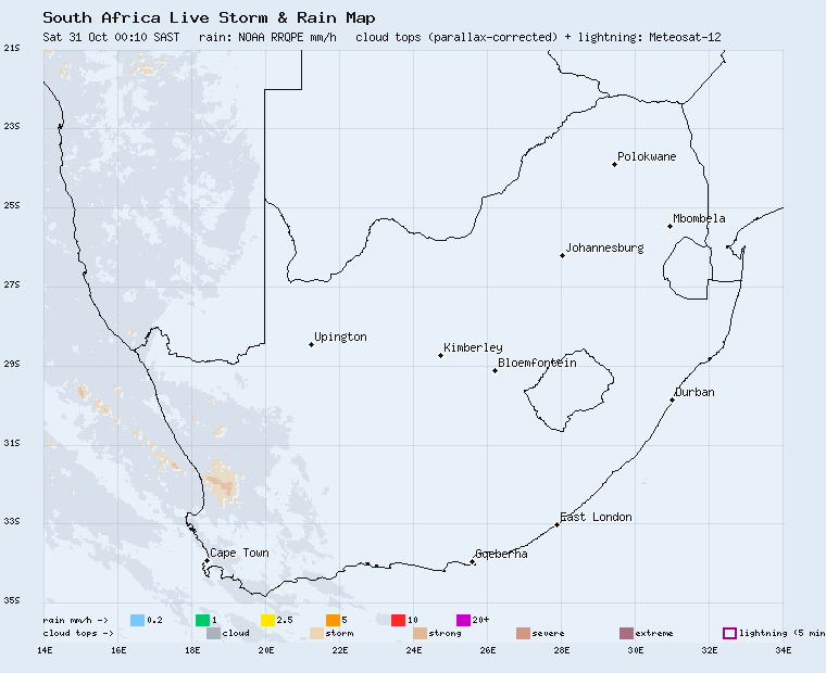Live South Africa storm and rain map, last 2 hours
