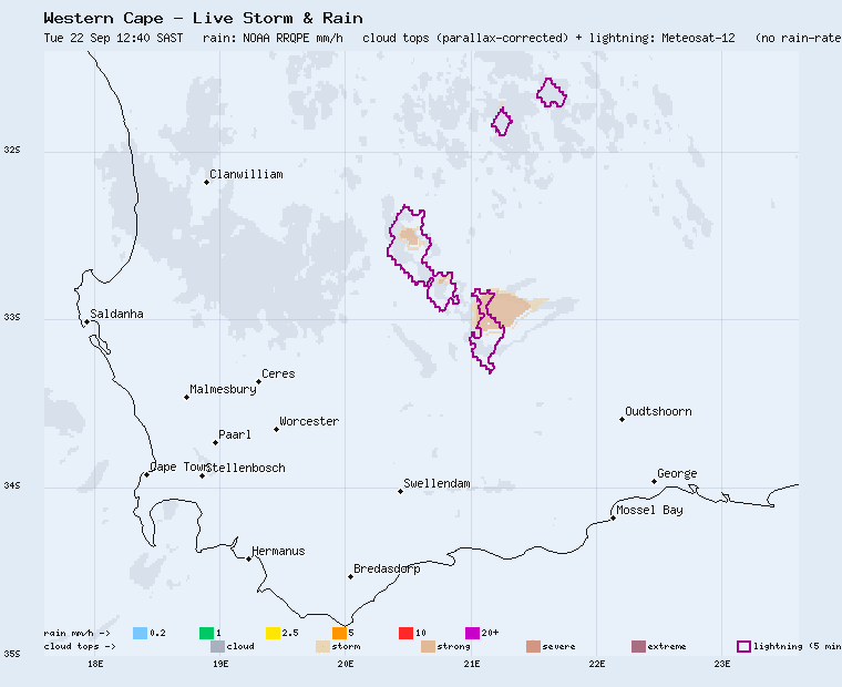 Western Cape live storm and rain map, last two hours