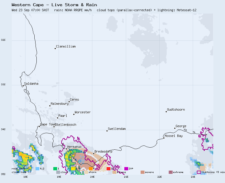 Western Cape live storm and rain map, last two hours