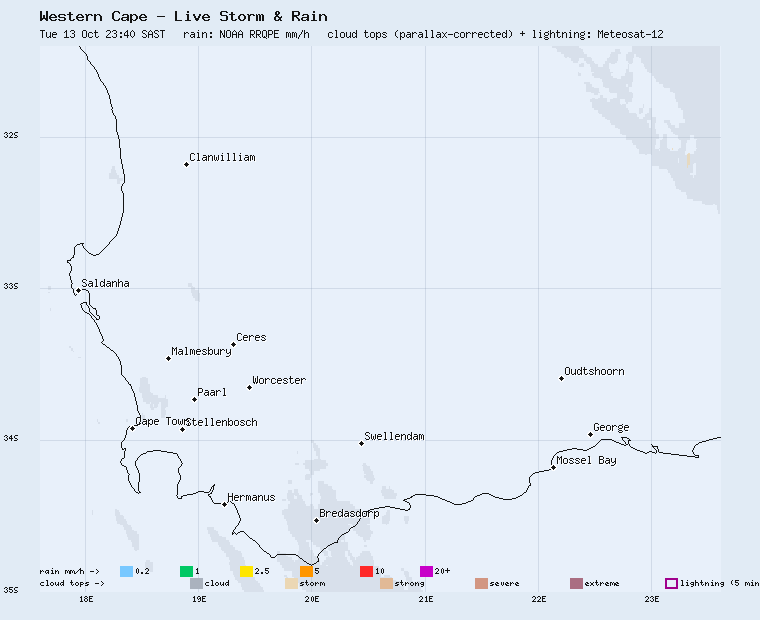 Western Cape live storm and rain map, last two hours