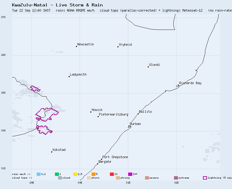 KwaZulu-Natal live storm and rain map, last two hours