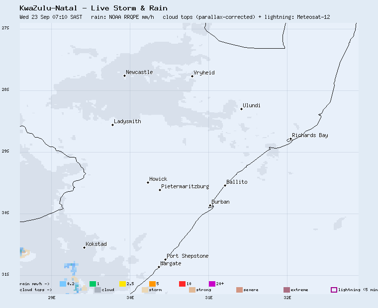KwaZulu-Natal live storm and rain map, last two hours