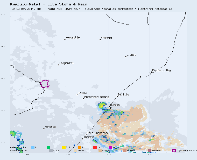 KwaZulu-Natal live storm and rain map, last two hours